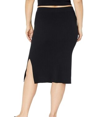 THE DROP Black Ribbed Midi Skirt with Side Slit